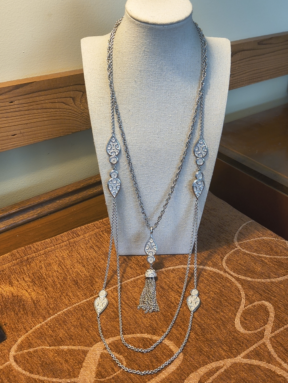 Vtg Signed TRIFARI 1960's Silver Layered Tassel NECKLACE